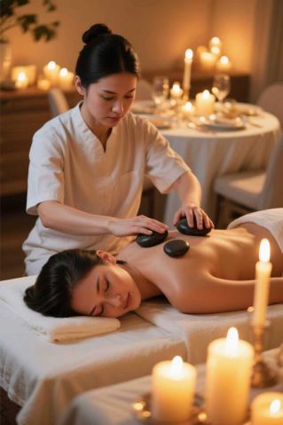 Woman receiving a hot stone massage at a spa, promoting relaxation and wellness.